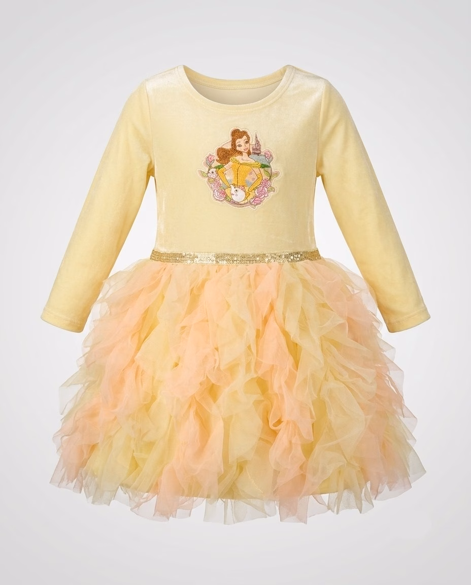 Disney Princess Velvet Doll Print Logo Frock Yellow - Image 2