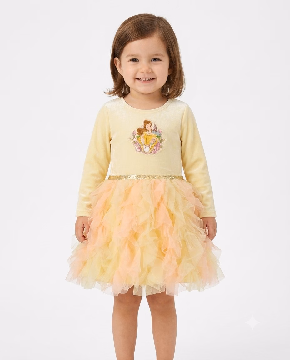 Disney Princess Velvet Doll Print Logo Frock Yellow