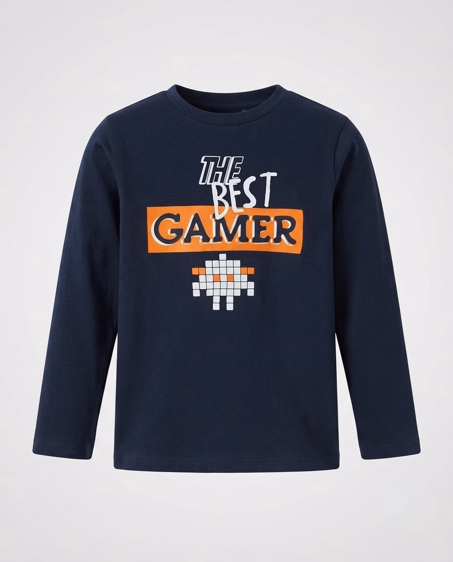 The Best Gamer Print Logo Full Sleeves Tee Navy