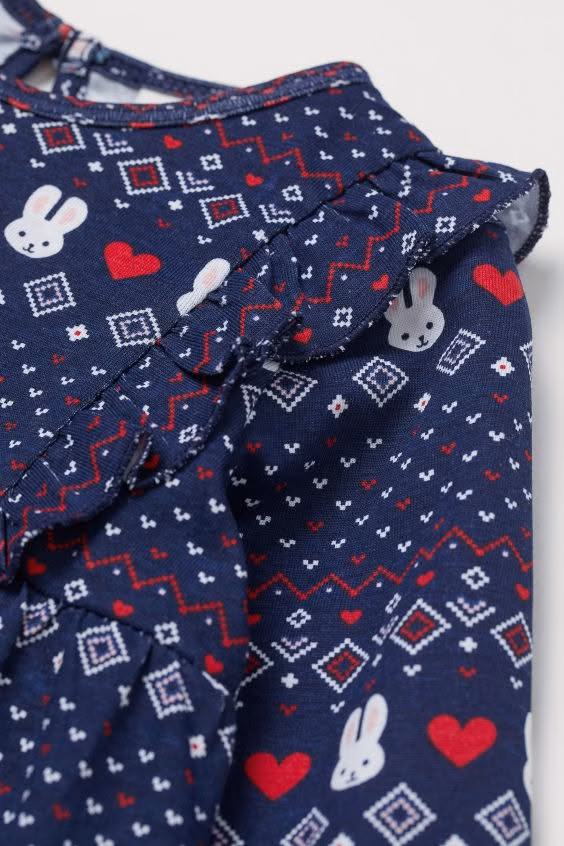H&M Allover Bunny & Heart Graphic Logo Girls Frock Navy - Image 3