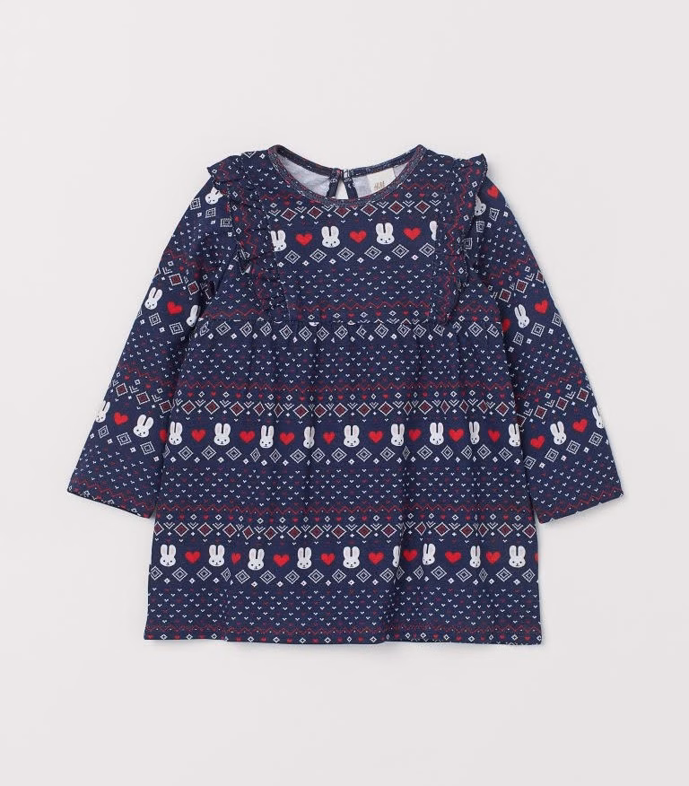 H&M Allover Bunny & Heart Graphic Logo Girls Frock Navy