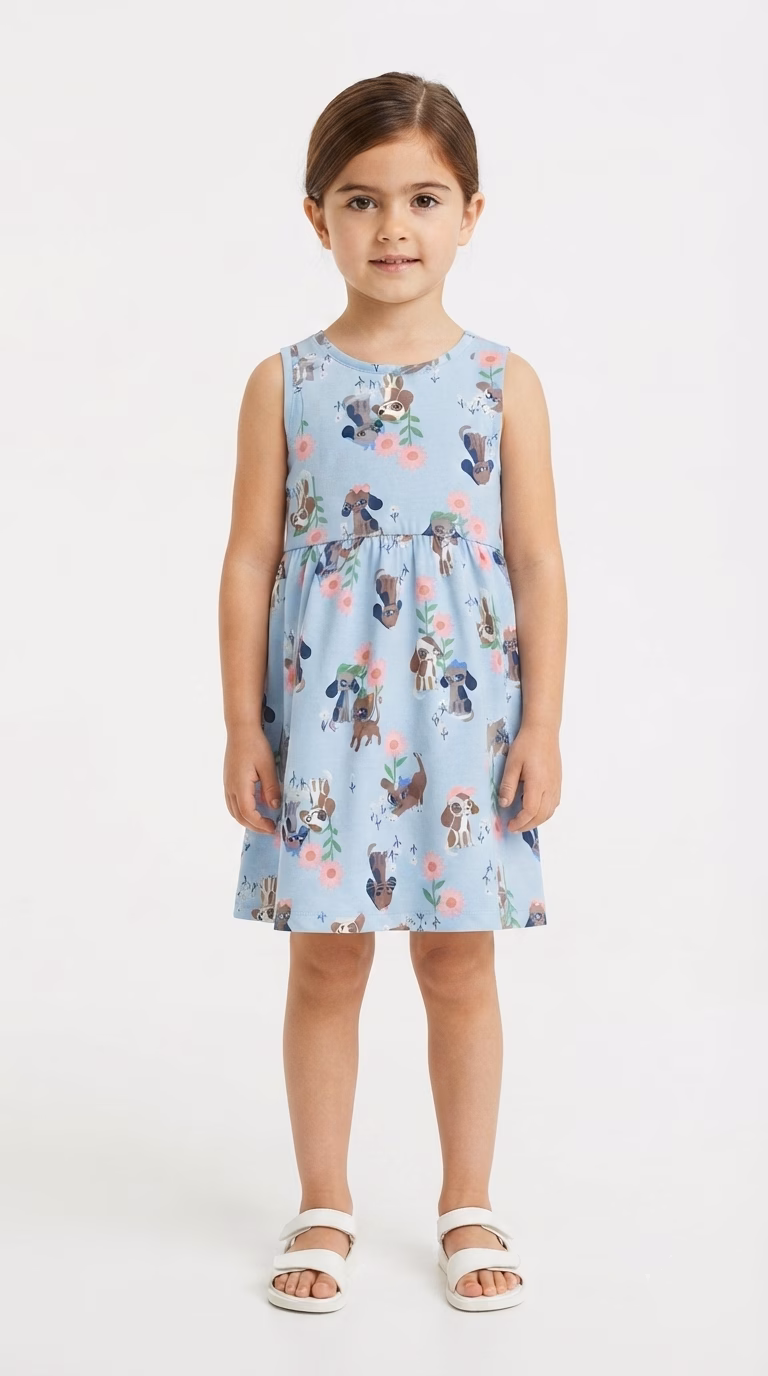 H&M Allover Flowers & Cute Puppies Logo Sleeveless Frock Sky Blue - Image 2