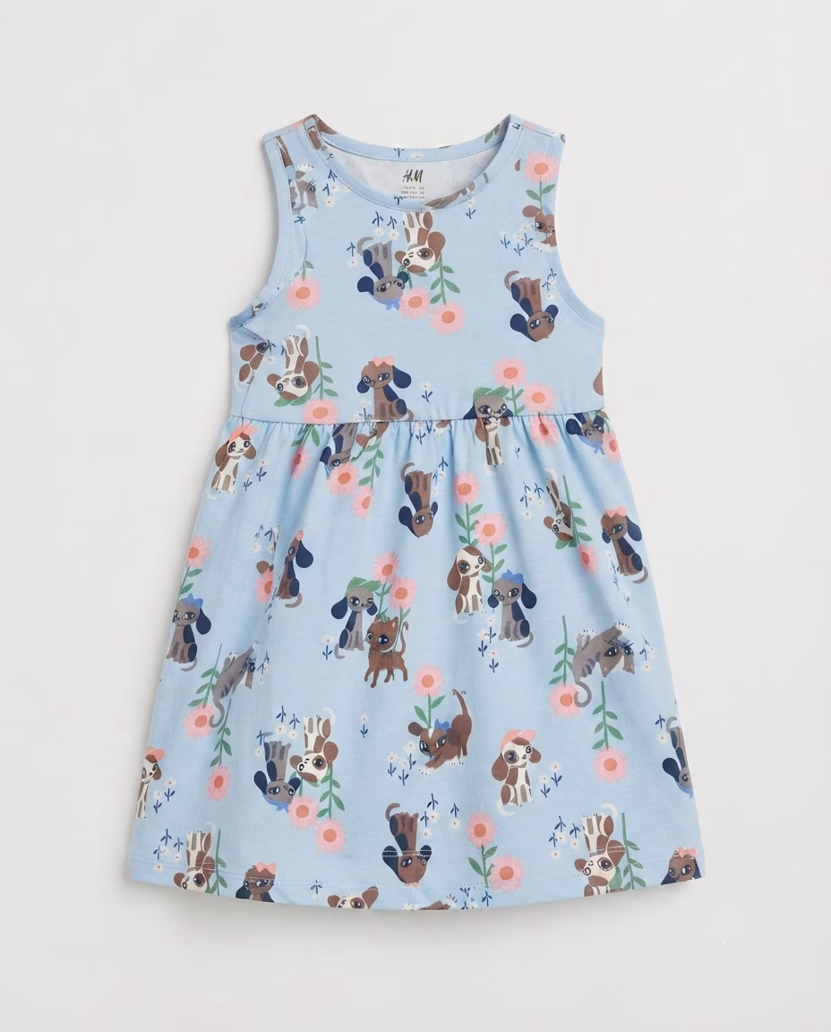 H&M Allover Flowers & Cute Puppies Logo Sleeveless Frock Sky Blue