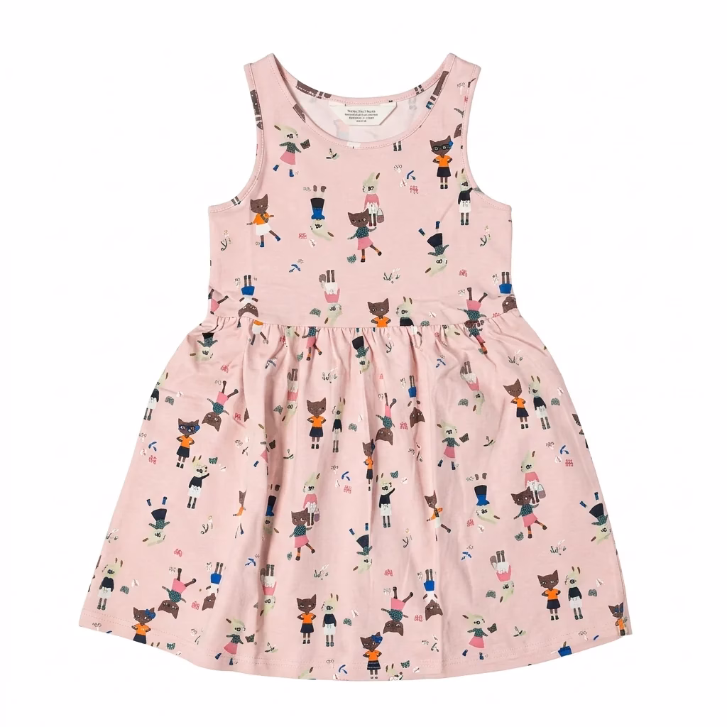 H&M Allover Cat & Rabbit Logo Sleeveless Frock Light Pink