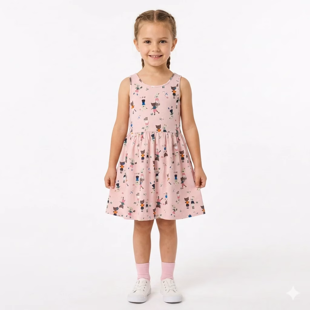 H&M Allover Cat & Rabbit Logo Sleeveless Frock Light Pink - Image 2