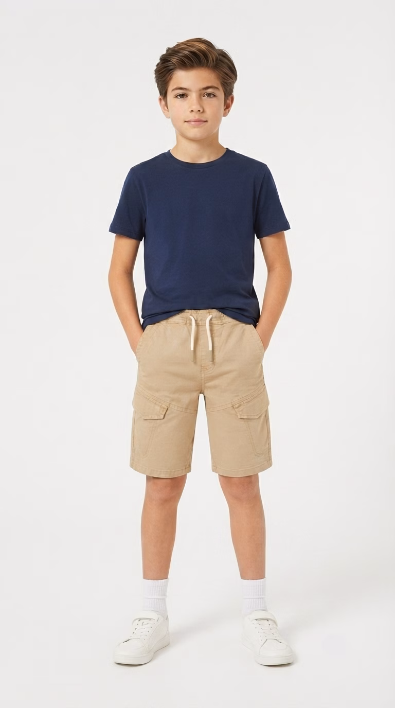 Cargo Boys Denim 6 Pockets Cotton Shorts Biege - Image 2