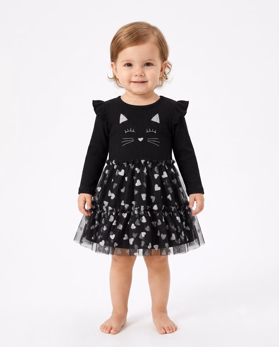 Joyful Moments Cat Face Embroidery Logo Frock Black
