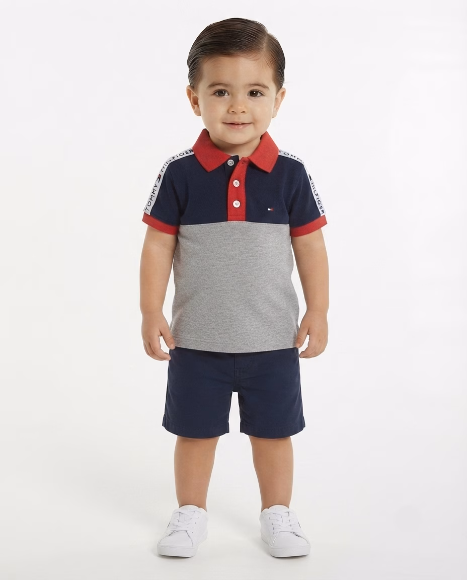 Tommy Hilfiger Color Block Small Flag & Shoulder Tape Logo Polo Navy/Grey - Image 2