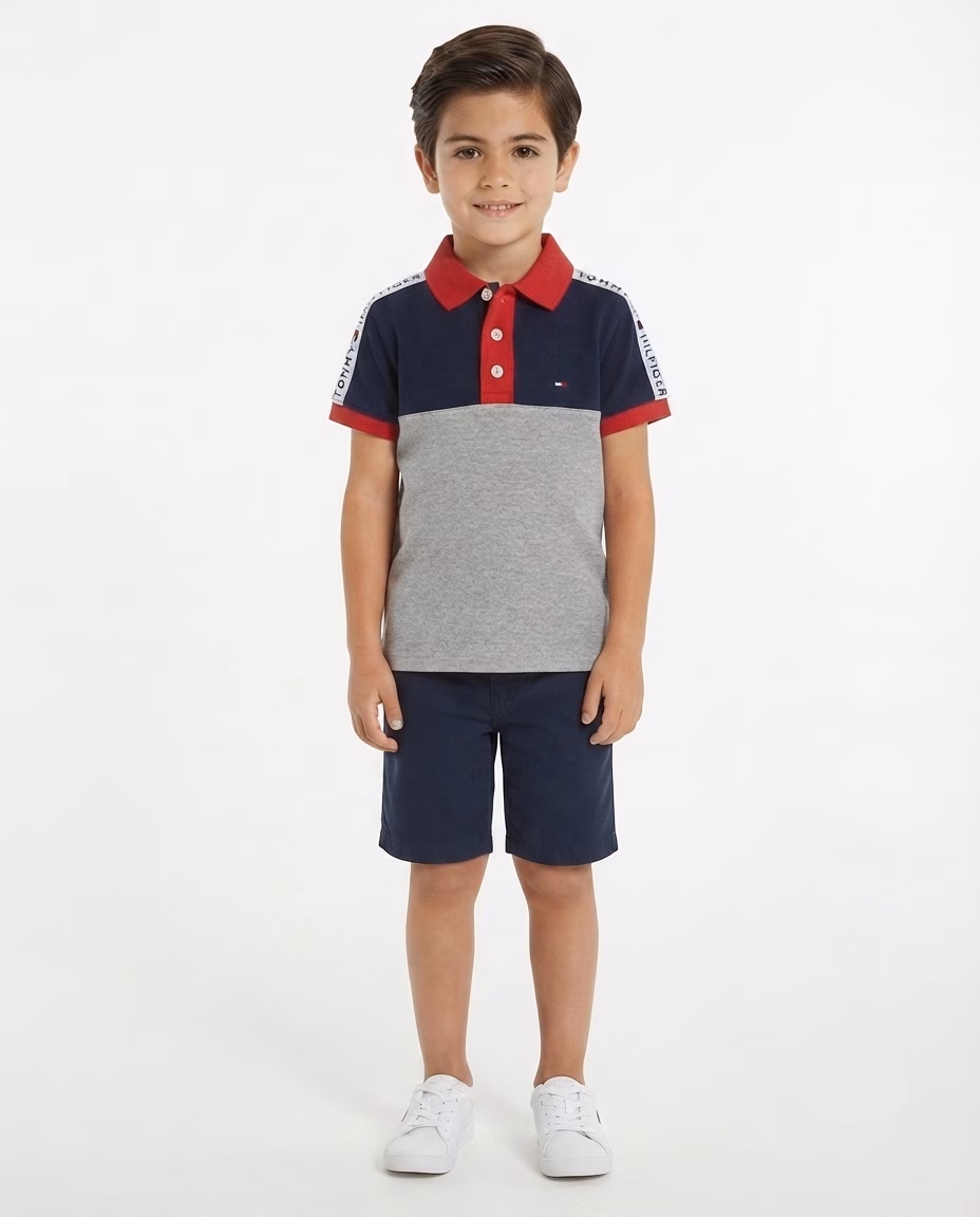 Tommy Hilfiger Color Block Small Flag & Shoulder Tape Logo Polo Navy/Grey - Image 3