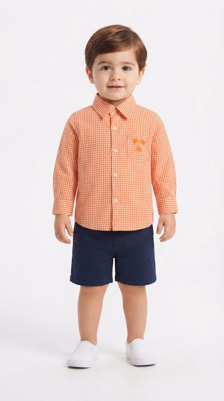 Obaibi Embroidery Flag Logo Check Casual Shirt Orange - Image 2