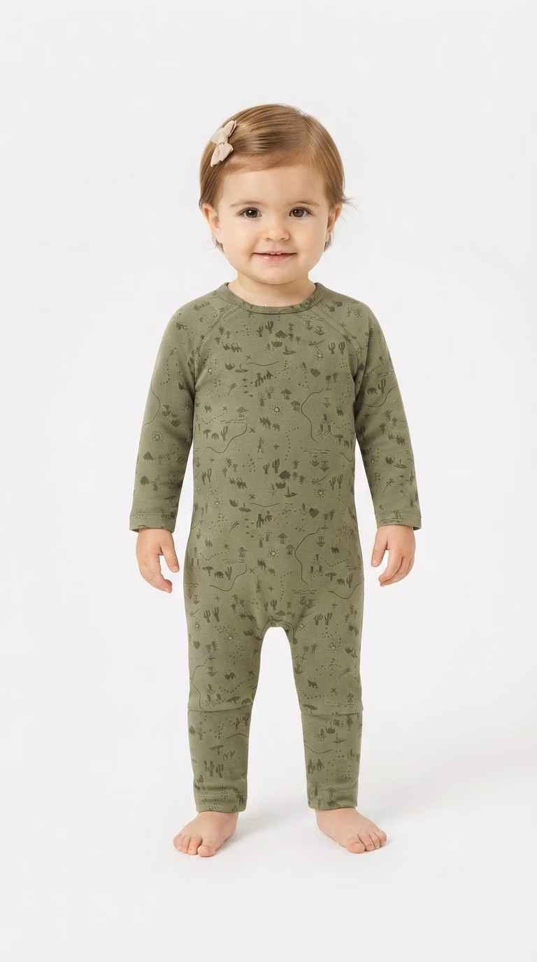 BabaLuno Allover Tree Cactus & Camel Logo Romper Olive Green