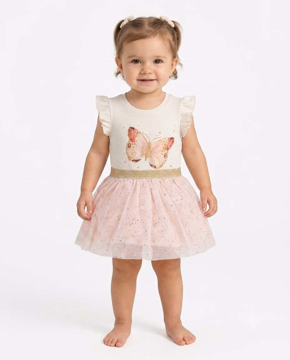 Yamp Girls Golden Glitter Butterfly Logo Frock Cream/Pink