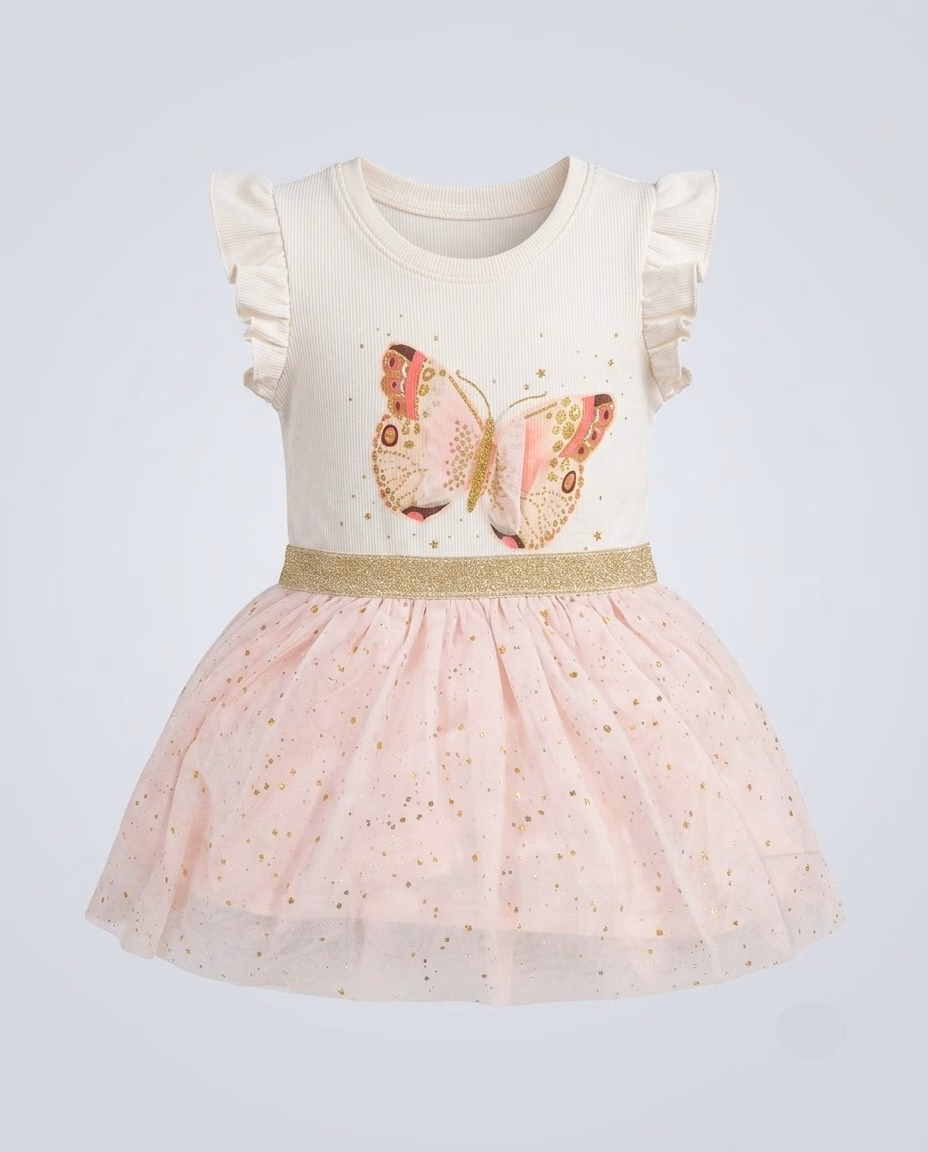 Yamp Girls Golden Glitter Butterfly Logo Frock Cream/Pink - Image 2