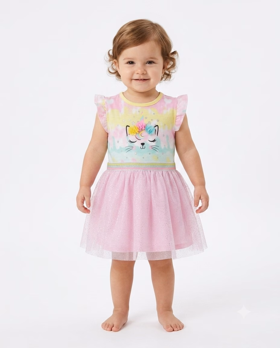 Baby Colors Cat Face & Flowers Logo Glitter Frock Pink