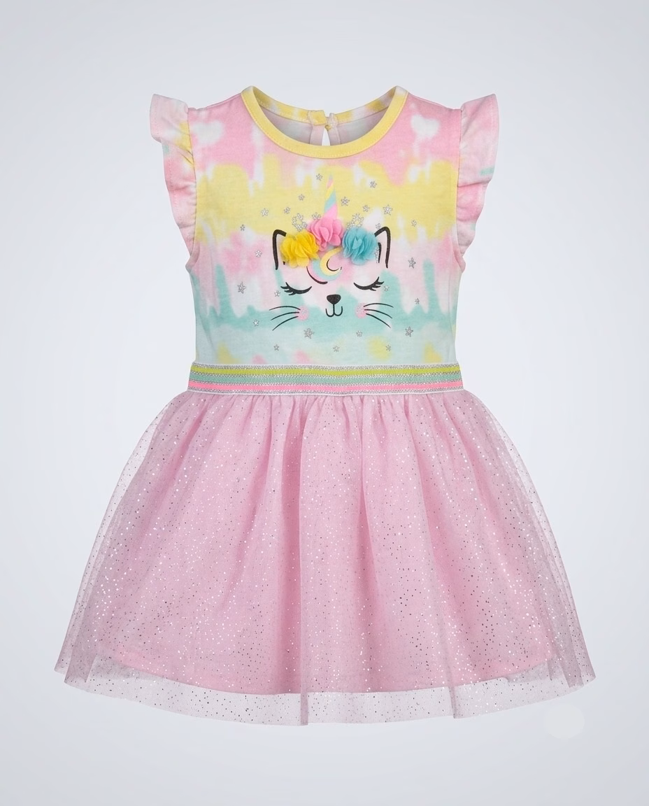 Baby Colors Cat Face & Flowers Logo Glitter Frock Pink - Image 2